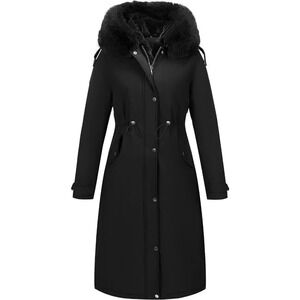 Women Polyester Fiber Long Collar  Hooded Thermal Fur lined Belted Puffer Coat